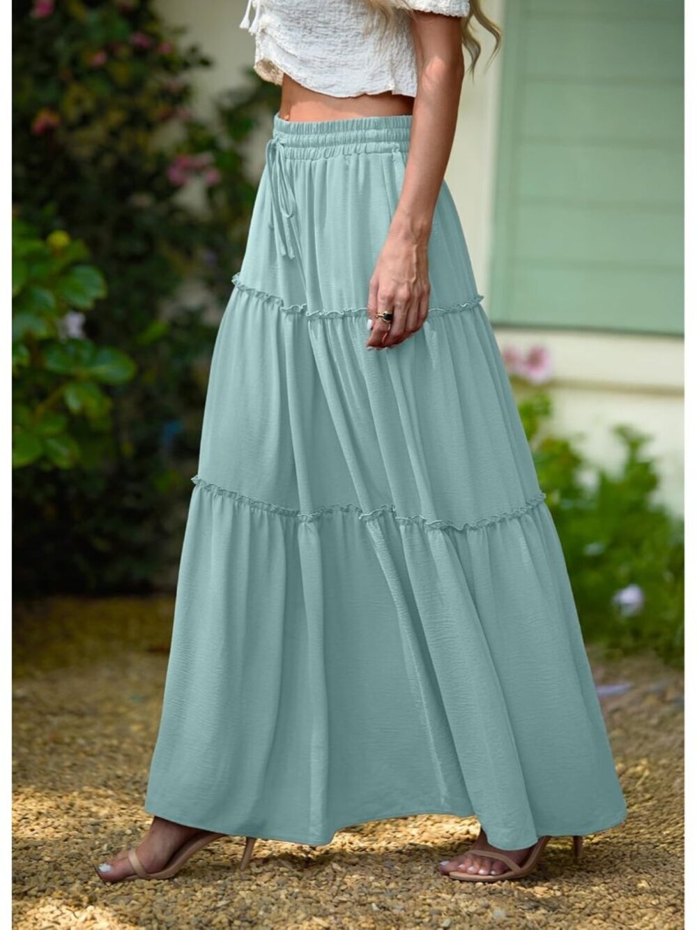 Women's Boho High Waisted Aqua Sea Maxi Skirts Tiered Floral Long Skirts Pockets - Picture 2 of 6